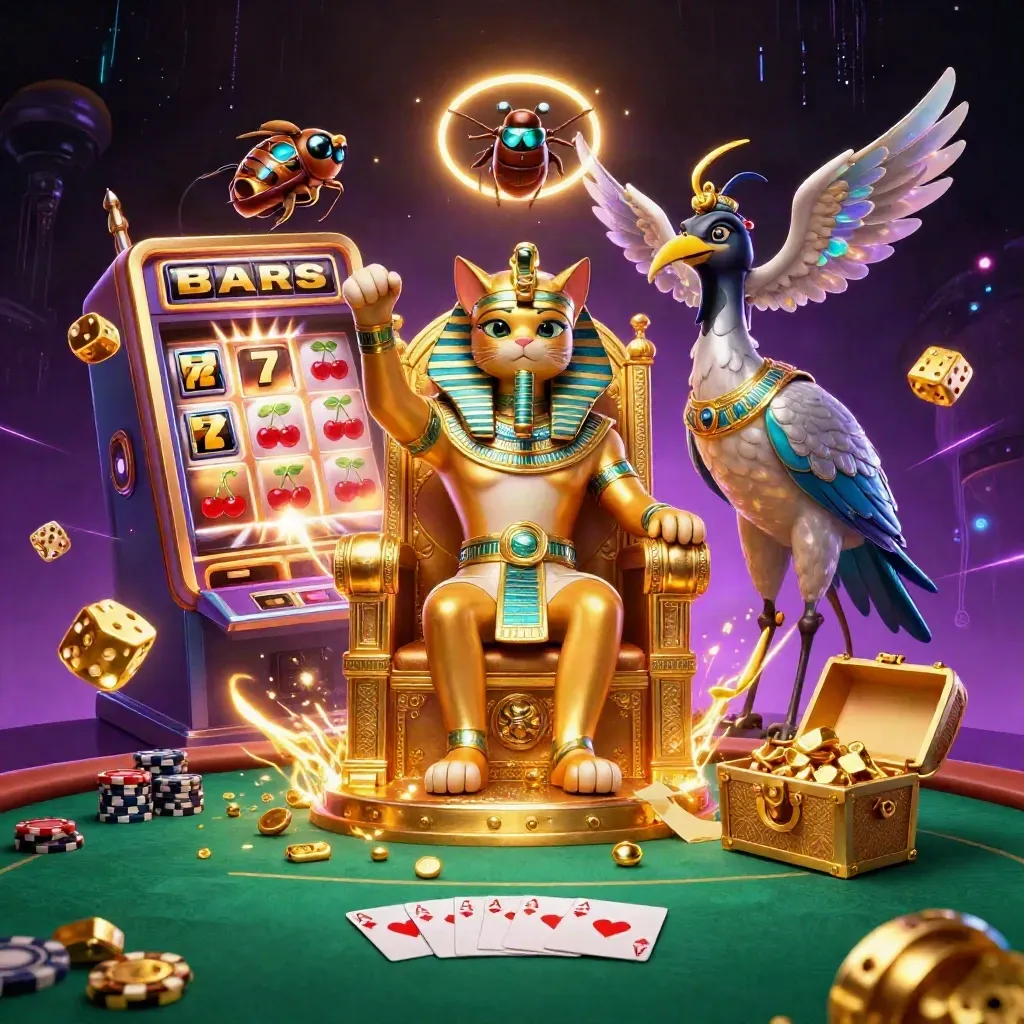 Pharaoh cat, ibis scribe, and scarab swarm amid slot burst, gold, and poker glamour.