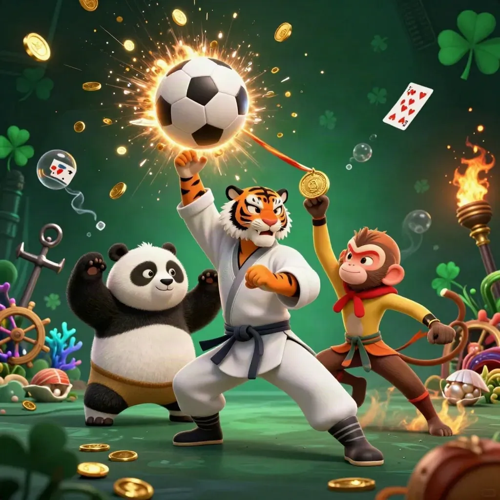 Tiger, panda, and monkey in a frozen sports-casino splash with coins, balls, and glowing treasure.