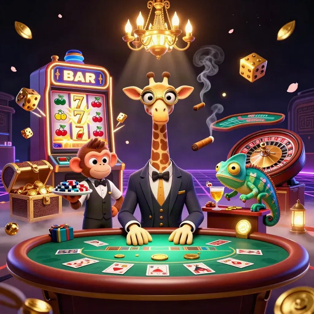 Cartoon giraffe, monkey, and chameleon at a glowing casino table with jackpot burst and gold effects.