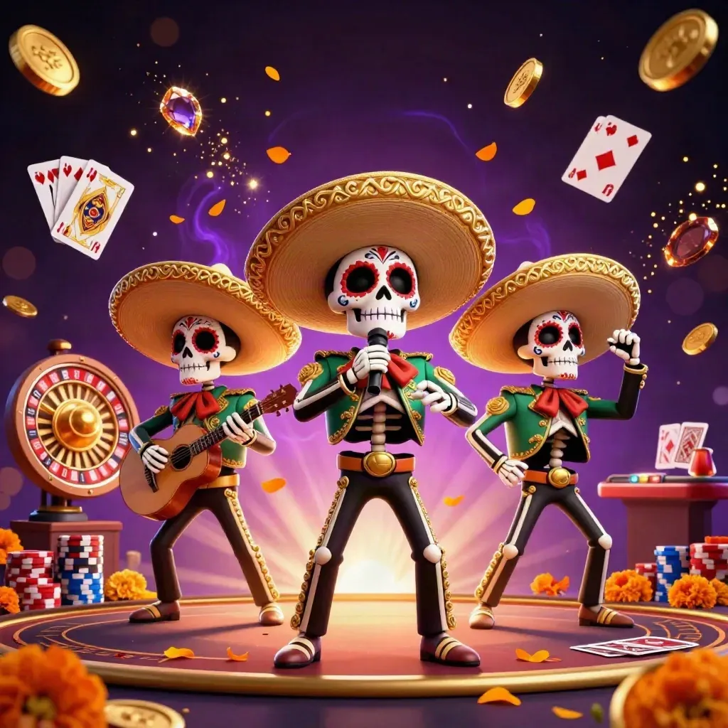 Skeleton mariachi trio amid coins, gems, roulette wheel, cards, chips, and casino glow.