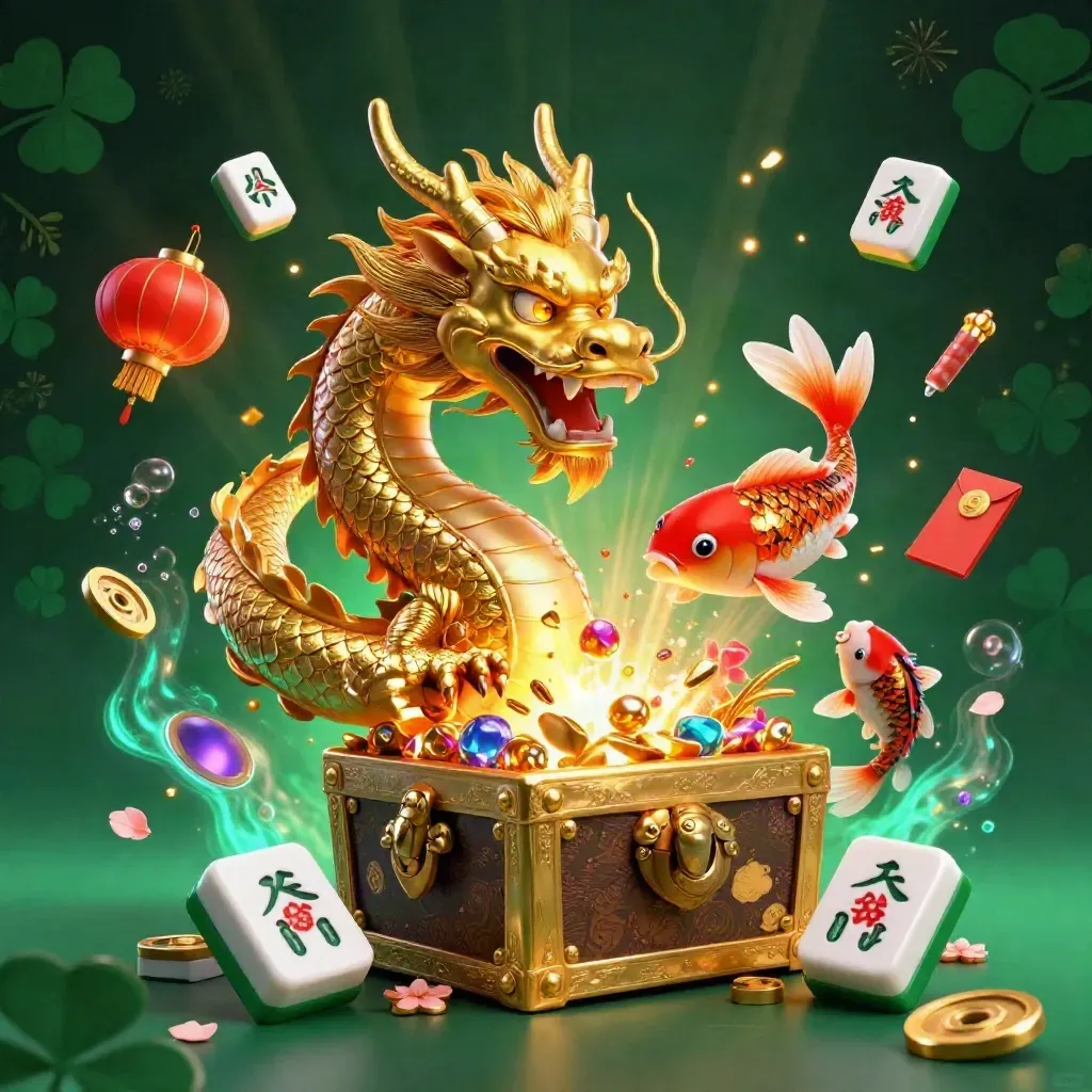 Golden dragon, red phoenix, and lucky koi erupting around a treasure chest in emerald casino light.