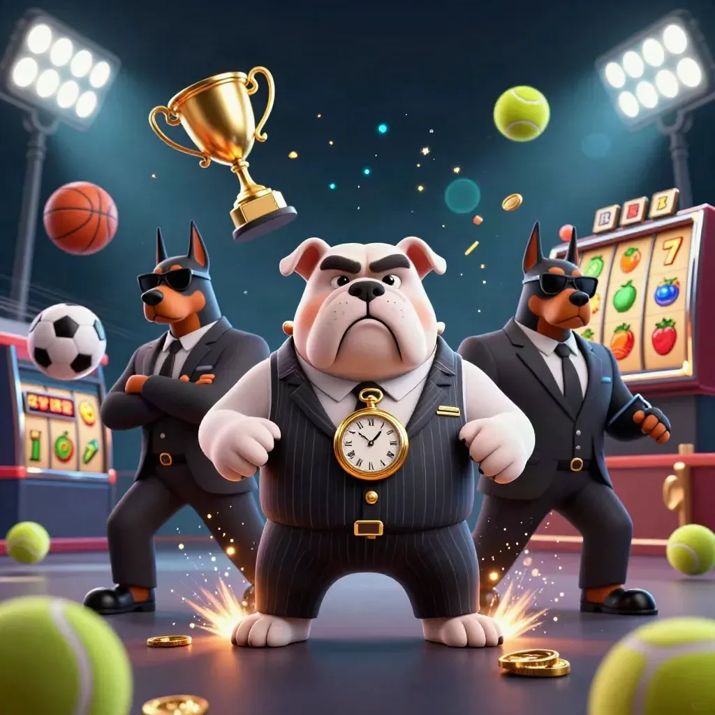 Bulldog mafia boss with two Dobermans amid sports balls, trophies, coins, and casino lights.