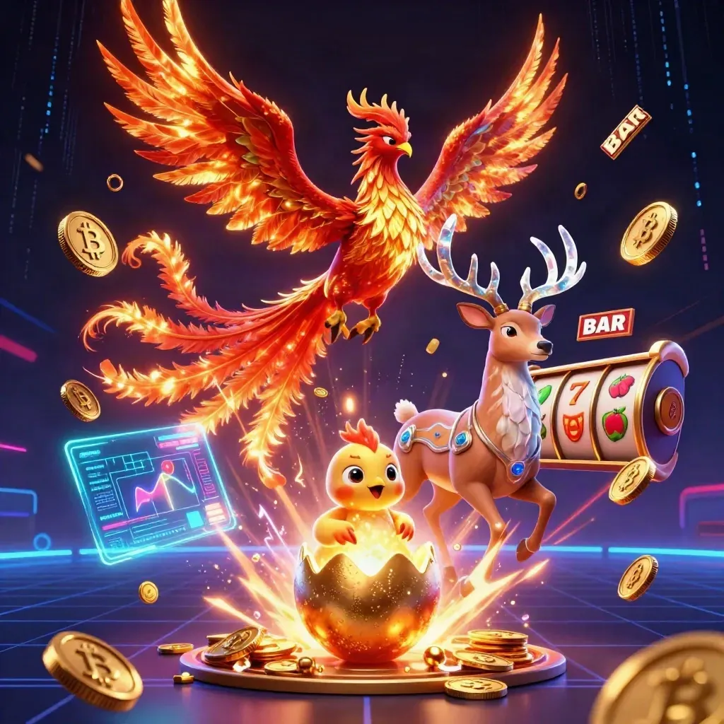 Fire phoenix, baby phoenix, and crystal stag amid coins, reels, and neon casino energy.
