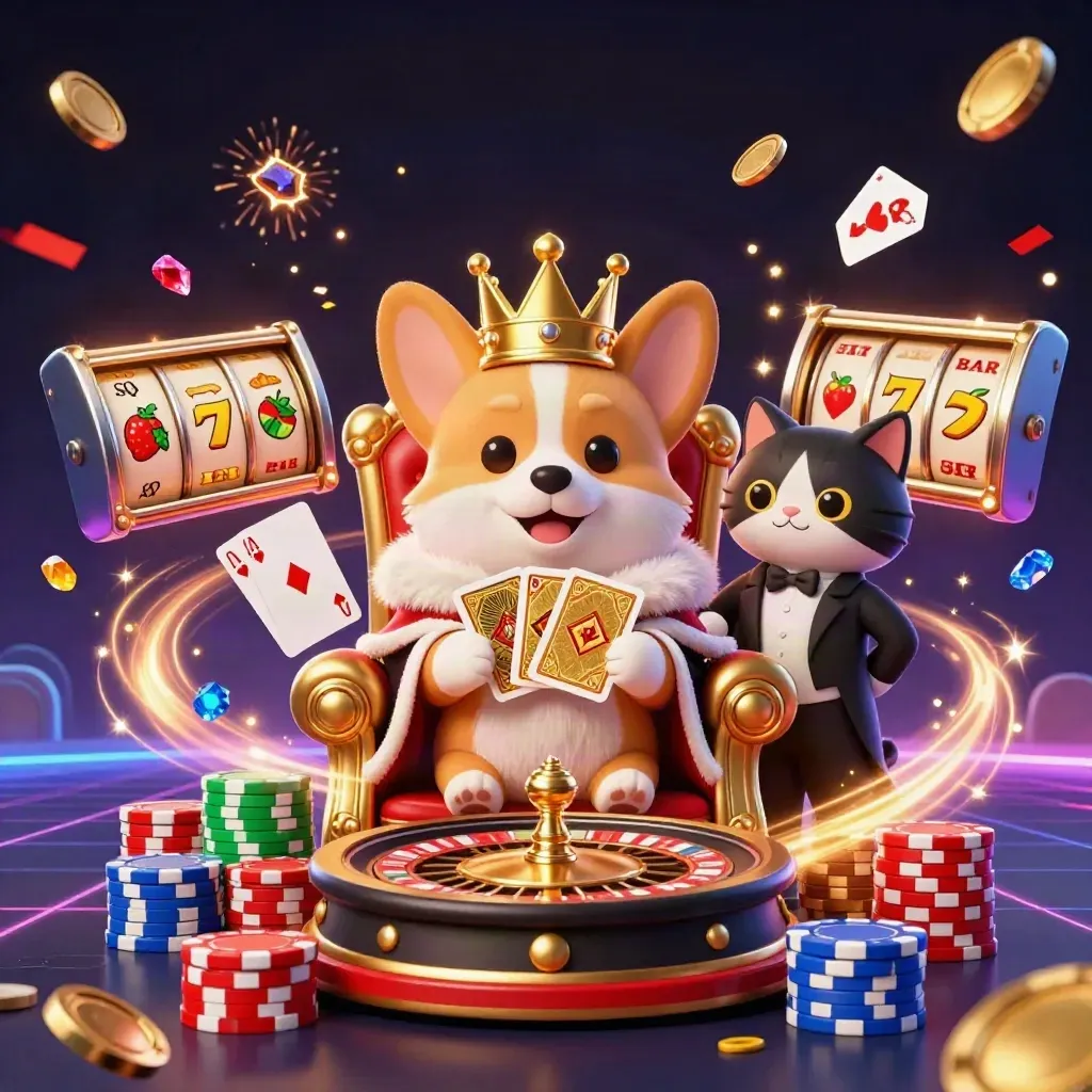 Crowned corgi and cat butler amid poker chips, coins, gems, roulette, and neon casino sparks.