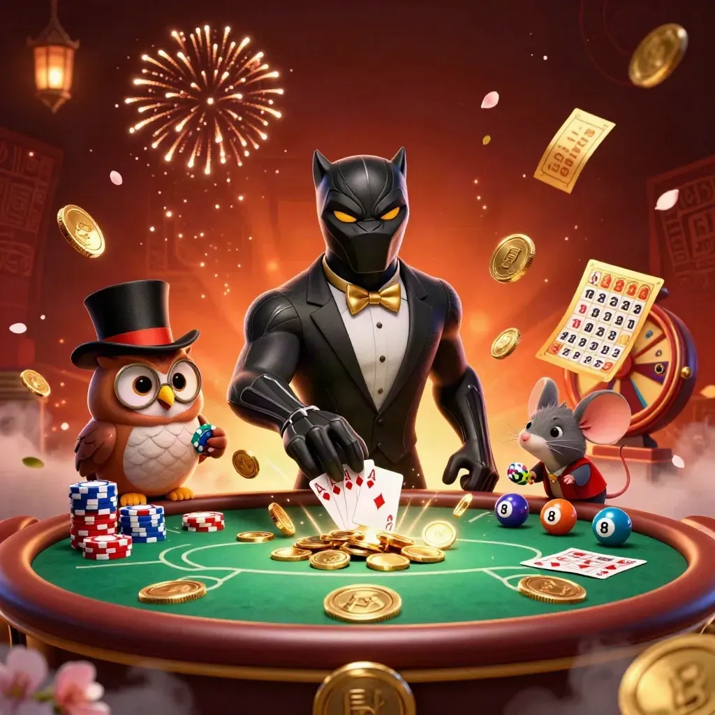 Panther, owl, and mouse casino heroes amid vault coins, fireworks, chips, and poker symbols.