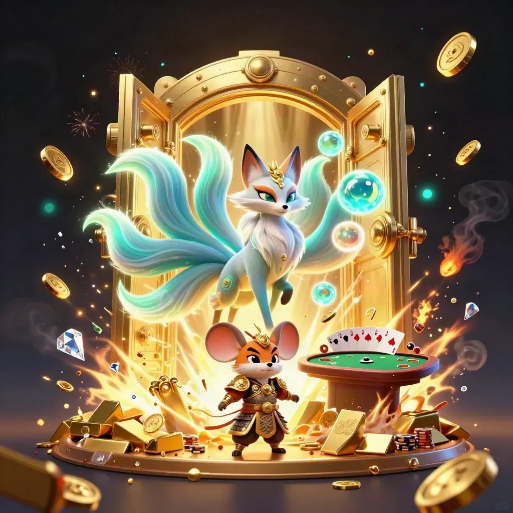 Neon fox spirit and armored samurai mouse amid a bursting gold vault and poker treasures