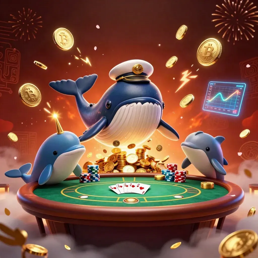 Cartoon whale captain, narwhal, and dolphins burst through coins with poker chips and neon crypto glow.