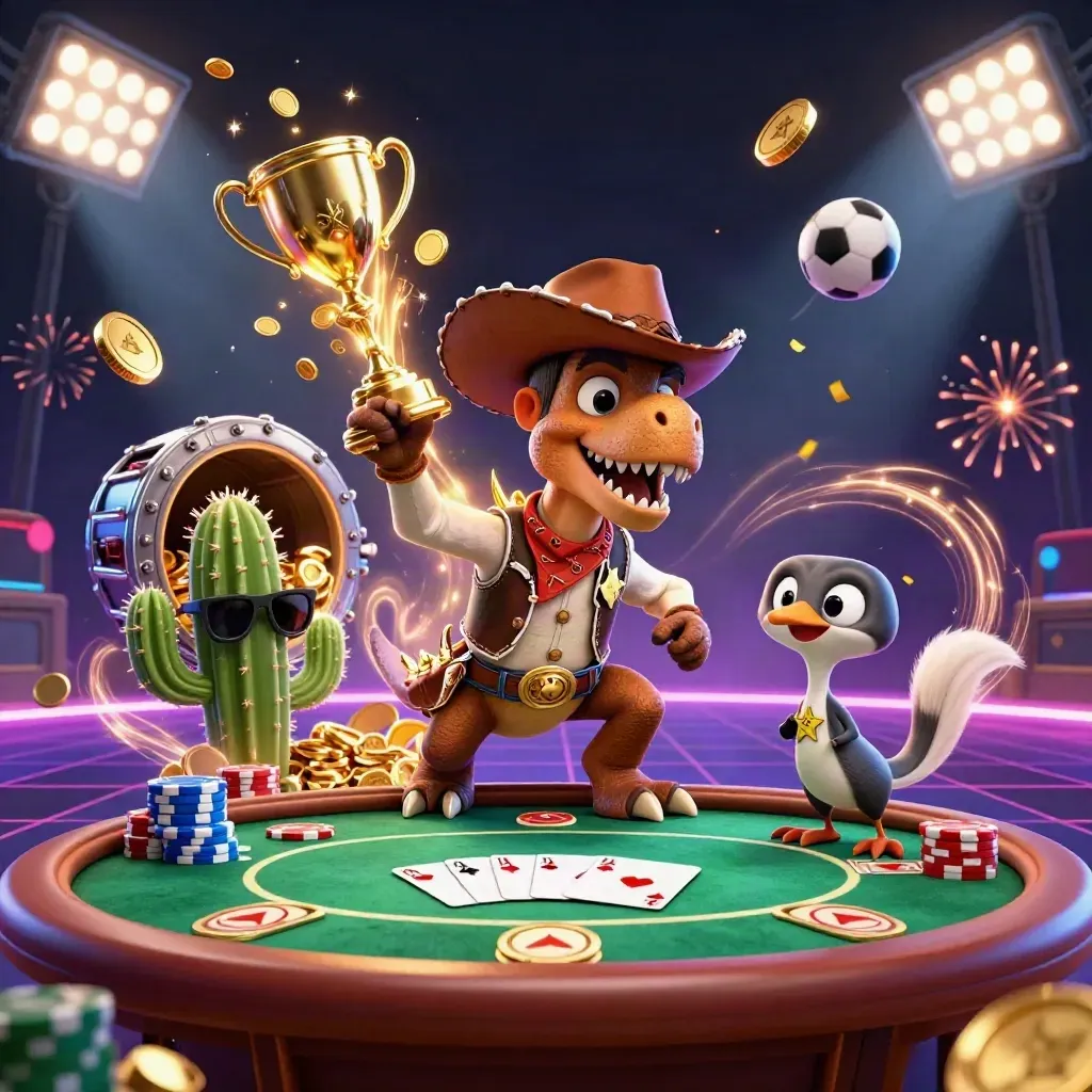 Cowboy T-Rex, cactus and roadrunner amid poker chips, coins, fireworks, and a glowing vault.