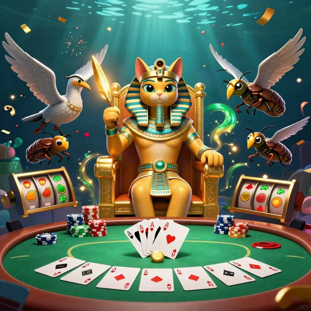 Pharaoh cat, ibis scribe and scarabs on a poker throne amid chips and glowing casino effects.