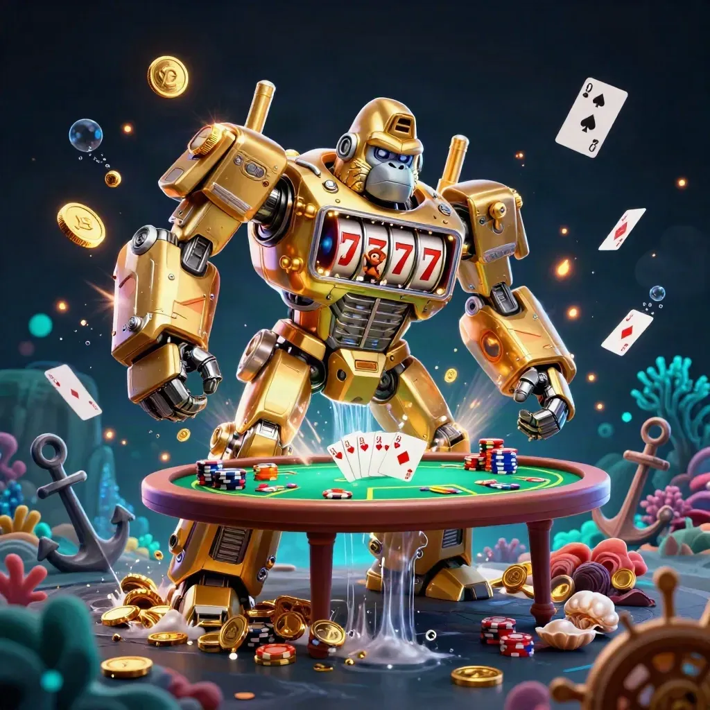 Golden gorilla mech with monkey pilot bursts amid poker chips, coins, coral, and treasure in a dark neon cove.