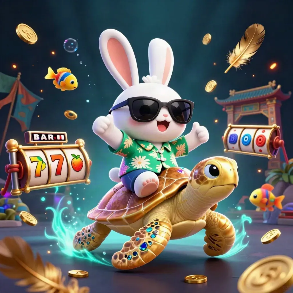 Lucky rabbit rides a gold sea turtle amid coins, reels, temple gate, and glowing casino effects