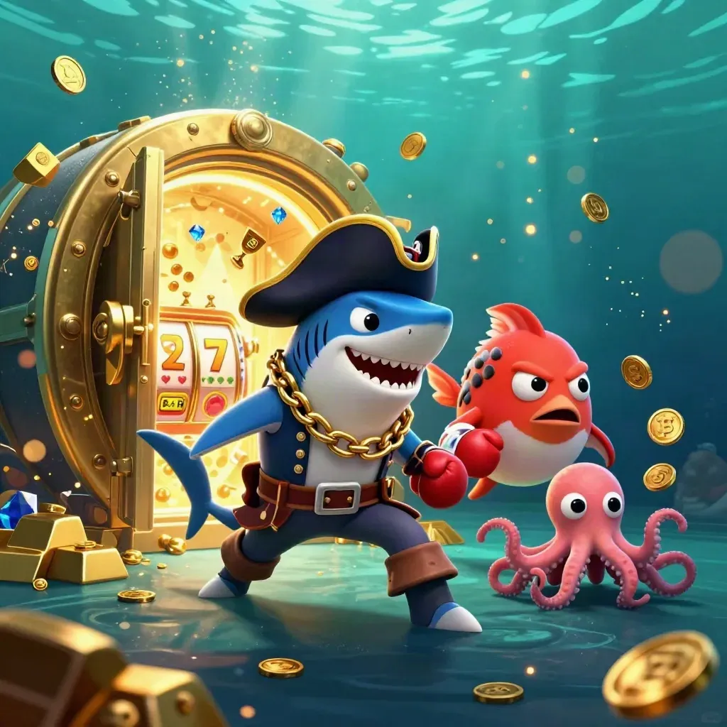 Pirate shark, boxing pufferfish, and juggling octopus explode around a glowing vault and casino loot underwater.