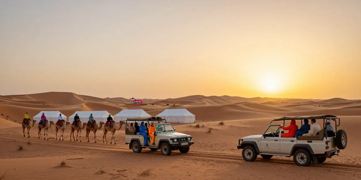 Exciting desert safari experience showcasing tourists in a 4x4 exploring sandy landscapes with camels